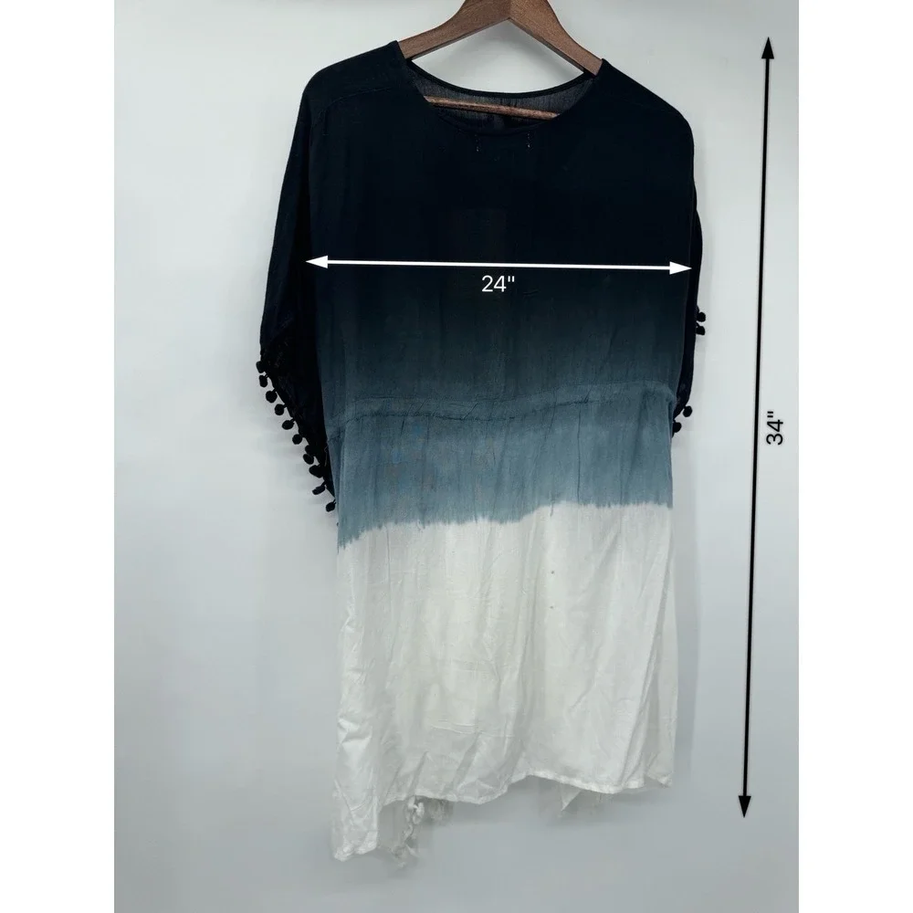 Salty Lemon Beach Cover-Up One Size Ombre White/Black Short Sleeve pompom resort